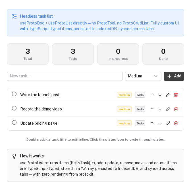 A custom task list on useProtoList, no protokit components